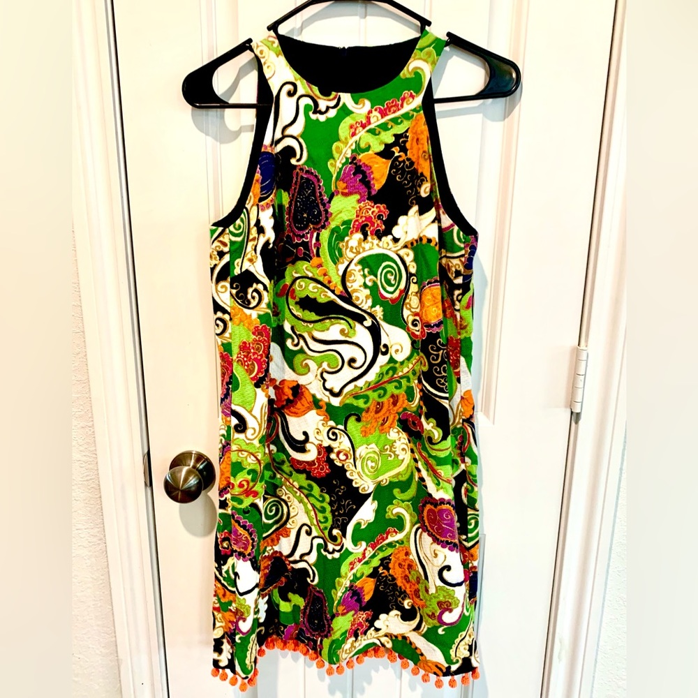 Trina Turk Colorful Patterned Sleeveless Midi Dress With Bead Detail Womens Sz10
